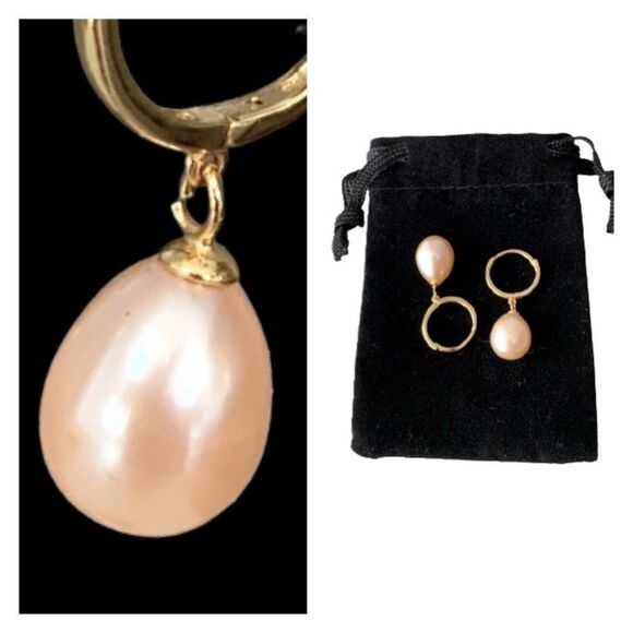 Large Pink Freshwater Pearl Drop Earrings, 18k Gold-Plated Sterling Silver, Gift - Picture 1 of 11